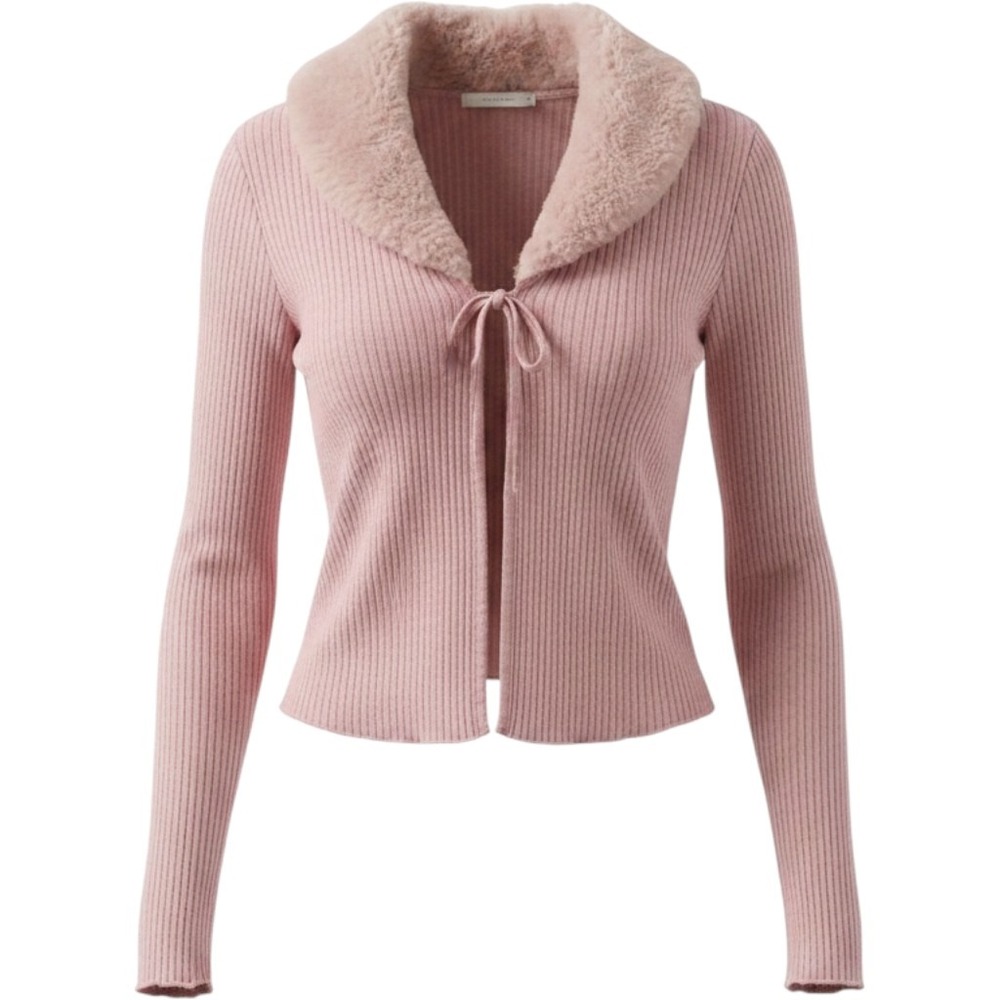Amy Byer Girls Pink Ribbed Cardigan Faux Fur Collar Tie Front Size M 10-12